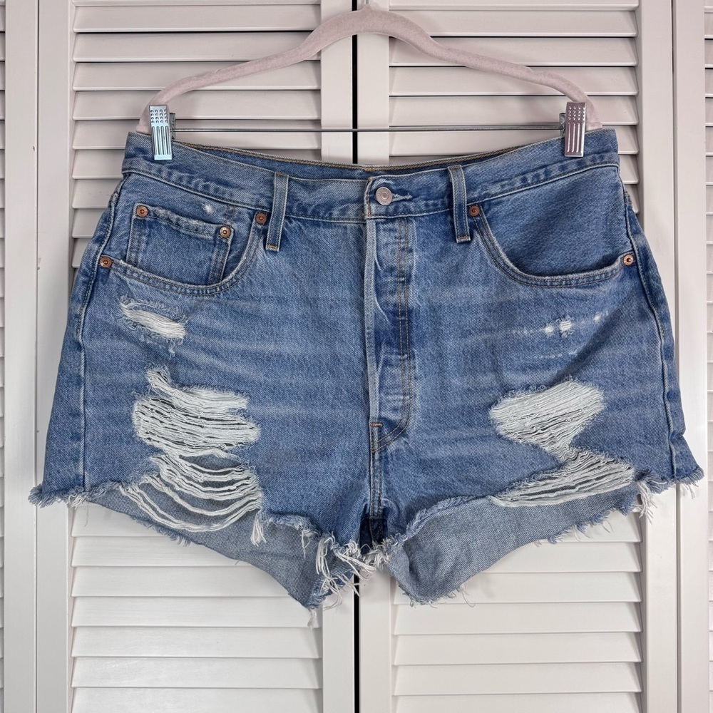 Levi's 501 High Waist Distressed Fried Hem Blue Jean Shorts Festival Size 34